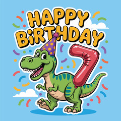 Obraz premium Cartoon Dinosaur with Number 7 Balloon for 7th Birthday Celebration happy birthday