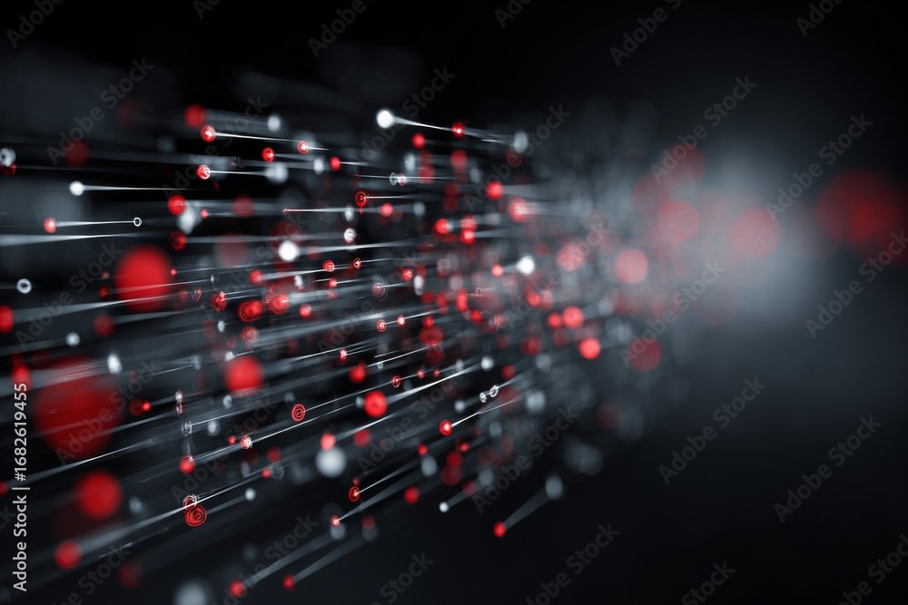 Poster red and white particles are dispersed across a dark background, creating a dynamic sense of movement