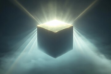Glowing cube suspended in fog radiates light amidst swirling mist during twilight hours