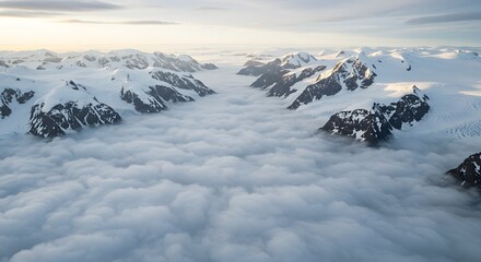 Aerial view of snow-capped mountains piercing a sea of clouds at sunrise. Iceland Antarctica view of ice bergs icy landscape. Snow and ices of the Antarctic islands.