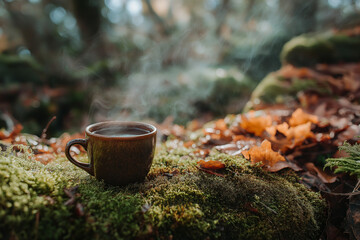 a steaming cup of coffee nestled in moss-covered forest floor, surrounded by autumn leaves, soft morning mist.