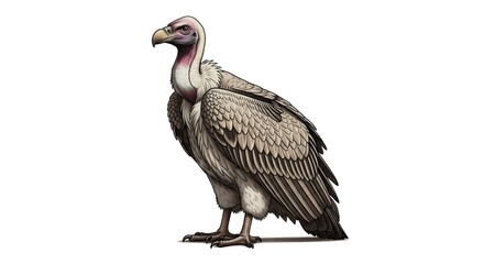 Majestic lappet faced vulture standing tall against a stark white background