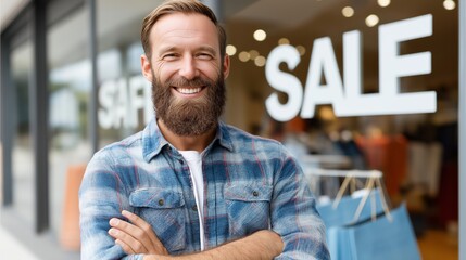 Fototapeta premium A man with a beard stands in front of a store with a sign that says 