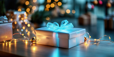 Two smart holiday gift boxes with LED screens showing greetings, decorated with color-shifting ribbons on wooden table with festive lights, symbolizing modern technology,innovative Christmas presents