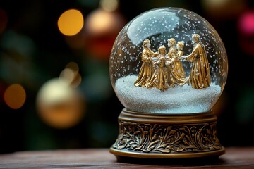 Antique snow globe radiates an eerie glow while showcasing a festive winter scene
