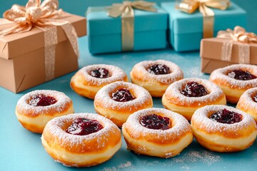 Delicious Hanukkah sufganiyot with powdered sugar and festive gifts arranged for celebration