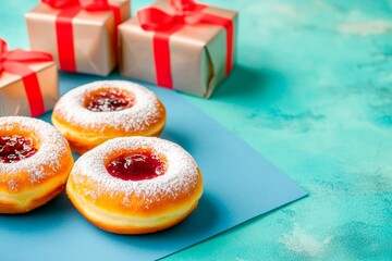 Delicious Hanukkah sufganiyot with powdered sugar and festive gifts arranged for celebration