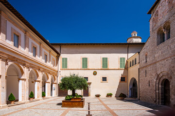 Wide angle view capturing the cloister of Spoleto Cathedral, featuring elegant arches, a flourishing olive tree, and a vibrant blue sky on a sunny summer day in Umbria, Italy
