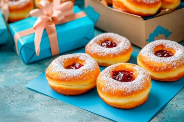 Delicious Hanukkah sufganiyot with powdered sugar and festive gifts arranged for celebration