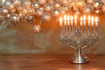 Elegant Hanukkah display with candlestick and glittering decorations in warm evening light