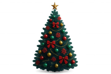3d rendering showing festive christmas tree decorated with red, green ornaments, gold beads, shimmering star topper, standing on transparent background