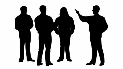 Silhouette of four people standing together with one person pointing to something in the distance shown here | editable eps vectors