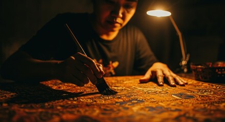 Obraz premium A person, illuminated by a desk lamp, carefully applies paint with a brush onto a detailed pattern on a table. The lighting is warm