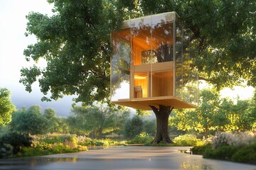Unique treehouse features transparent walls for a seamless blend with nature