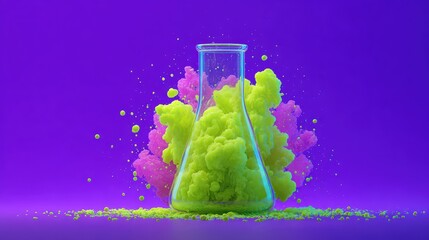 Bright green and neon violet, glowing beaker explosion in cartoon style, playful surrealism, dramatic and comic, splash composition