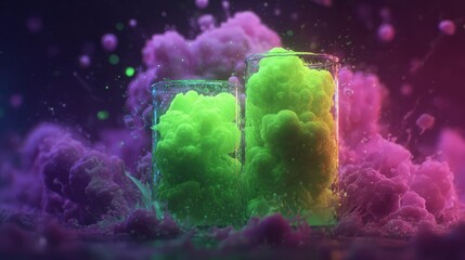 Bright green and neon violet, glowing beaker explosion in cartoon style, playful surrealism, dramatic and comic, splash composition
