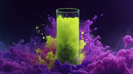 Bright green and neon violet, glowing beaker explosion in cartoon style, playful surrealism, dramatic and comic, splash composition