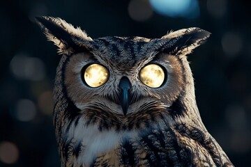 Owl with luminous eyes resembling two shining moons perched in the night
