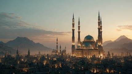 Call to prayer from smart minarets emitting synchronized light pulses, desert cityscape