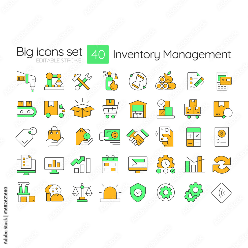 Poster inventory management line color icons set. organization supplies efficient usage system. storage and