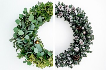 Unique asymmetrical wreath design featuring festive greenery and ornaments for holiday decor