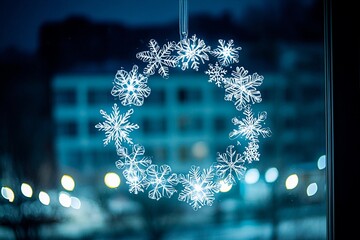 Decorative transparent acrylic wreath with snowflakes hanging on a glass door in a cozy winter setting