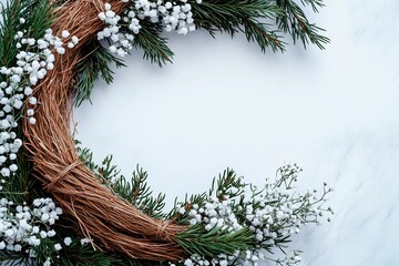Decorative wreath made of cedar sprigs and burlap ribbon adorned with delicate carnations for festive occasions