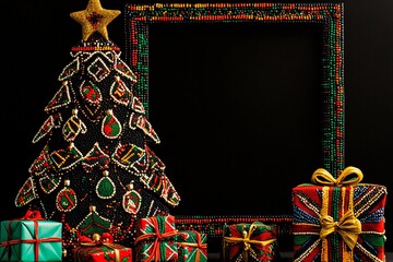 Colorful African inspired Christmas tree decorated with handmade ornaments and gifts, showcasing rich cultural artistry