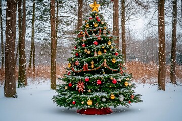 Beautifully decorated Christmas tree stands proudly in snowy forest landscape during winter season