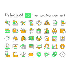 Obraz na płótnie Canvas Inventory management line color icons set. Organization supplies efficient usage system. Storage and processing. Vector illustrations. Simple flat colorful symbols collection. Editable stroke