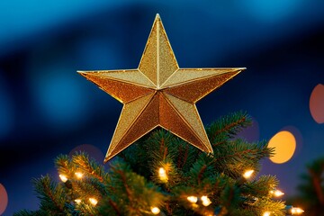Golden star atop Christmas tree shines brightly during festive winter night celebration