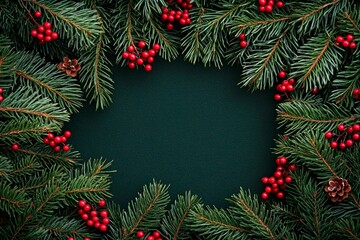 Fir branches with red berries create a festive border against a dark blue background during winter season