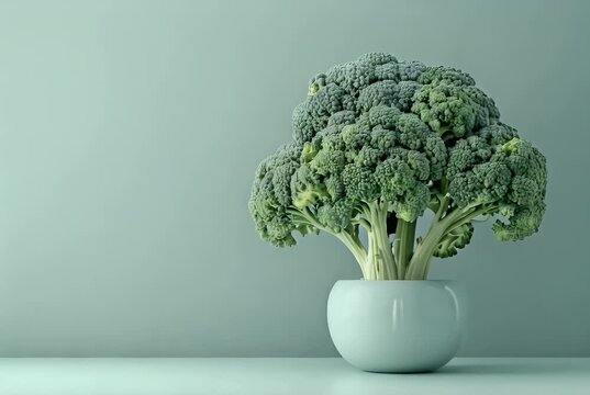 Fresh broccoli on light green background