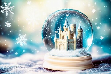 Small castle in a snow globe with towers surrounded by falling snowflakes and a winter background