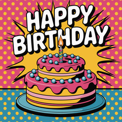 Happy Birthday Pop Art Cake With Candle And Festive Background celebration comic