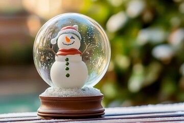 Miniature snowman inside glass winks cheerfully during winter holiday festivities