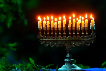Beautifully arranged Hanukkah menorah with lit candles glowing softly in a peaceful setting