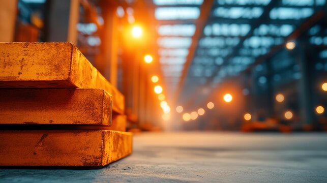 A close-up view of stacked industrial metal plates illuminated by warm lighting in a spacious warehouse, This image can be used for topics related to manufacturing, construction