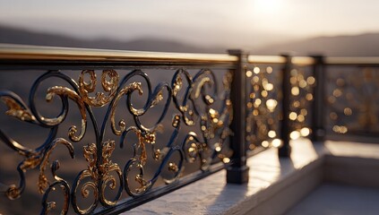 Ornate metal railing, golden details,  outdoor terrace.  Sunrise or sunset.  Blurred background, mountains