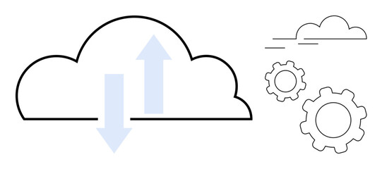 Cloud symbol with upward and downward arrows alongside gears and small clouds. Ideal for technology, cloud storage, data transfer, automation, system integration, innovation, simple landing page