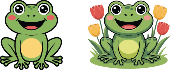 Fototapeta premium Cheerful Green Frog Illustration with Tulips and Happy Expression for Childrens Books and Nature Education Material a Cute Cartoon Character