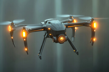 Drone with symmetrical wings and glowing sensors flying above an urban landscape at twilight