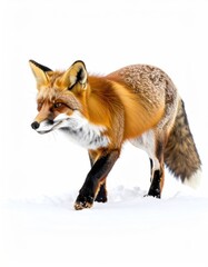 Fototapeta premium Alert red fox with white chest walking on pure snow, eyes focused. Winter wildlife, elegant. Isolated animal on a white background