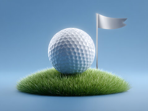 Golf ball on a green patch with a flag on blue background