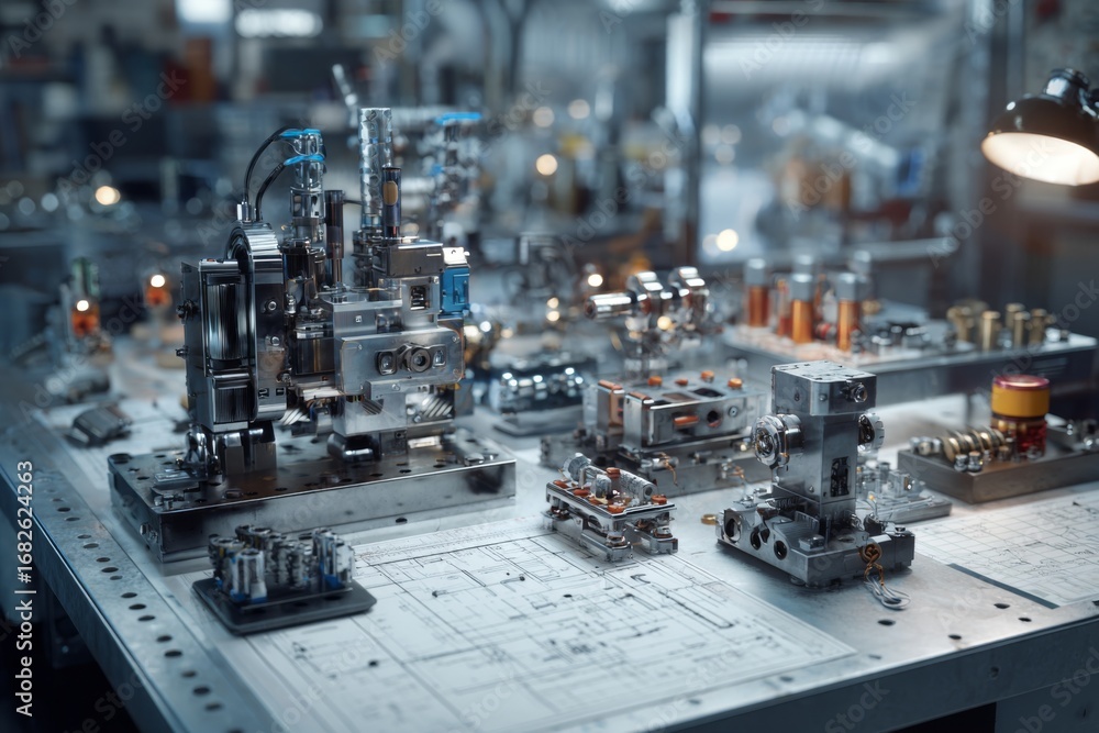 Poster various mechanical parts and tools are arranged meticulously on a workbench in a workshop. precision