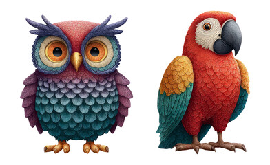 Naklejka premium Colorful Illustrated Owl and Parrot on Transparent Background