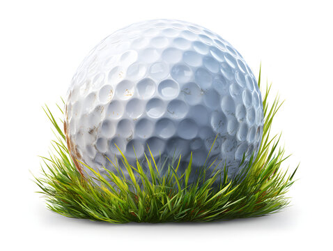 Golf ball on grass isolated on white background