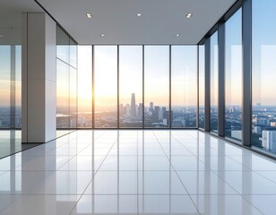 Fototapeta premium Bright, empty room with floor-to-ceiling windows showing a distant cityscape at sunrise/sunset. The light is soft, reflected on the polished floor