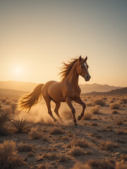 A wild horse runs free in the desert. Its long mane and tail flow in the wind. The sun sets in the background, casting a golden glow over the scene.