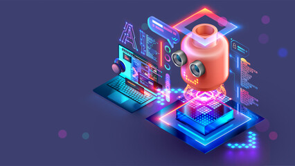Neural networks for children. teaching children how to write prompts for neural networks. AI or artificial intelligence for children education. AI toy robot with AI is connected to a child laptop.